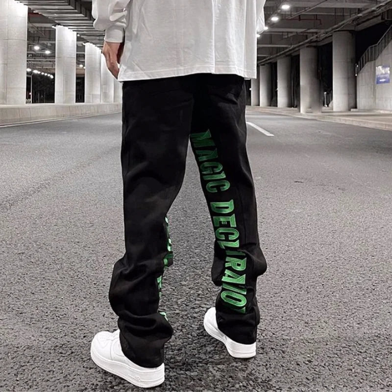 men jeans hip hop letters embroidery denim jeans high street casual loose straight elastic waist joggers hip hop streetwear pant urban active pants