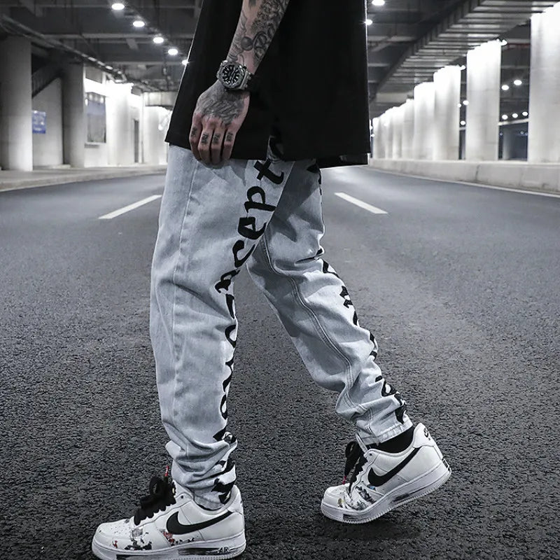 men back letter embroidery denim jean pants fashion slim zipper biker jeans trouser new casual hip hop streetwear pants joggers relaxed fit joggers