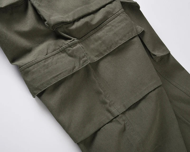Harajuku Multi-pockets Straight Flare Pants Mens High Street Elastic Waist Solid Loose Casual Cargo Pants Hip Hop Baggy Trousers Street King Limited