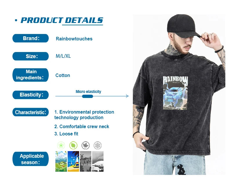 Rainbowtouches 2021 New Mens Short-Sleeve T-Shirt Unisex High Street Car Printing Loose Casual Punk Hip Hop BoyGraffiti Fashion Street King Limited