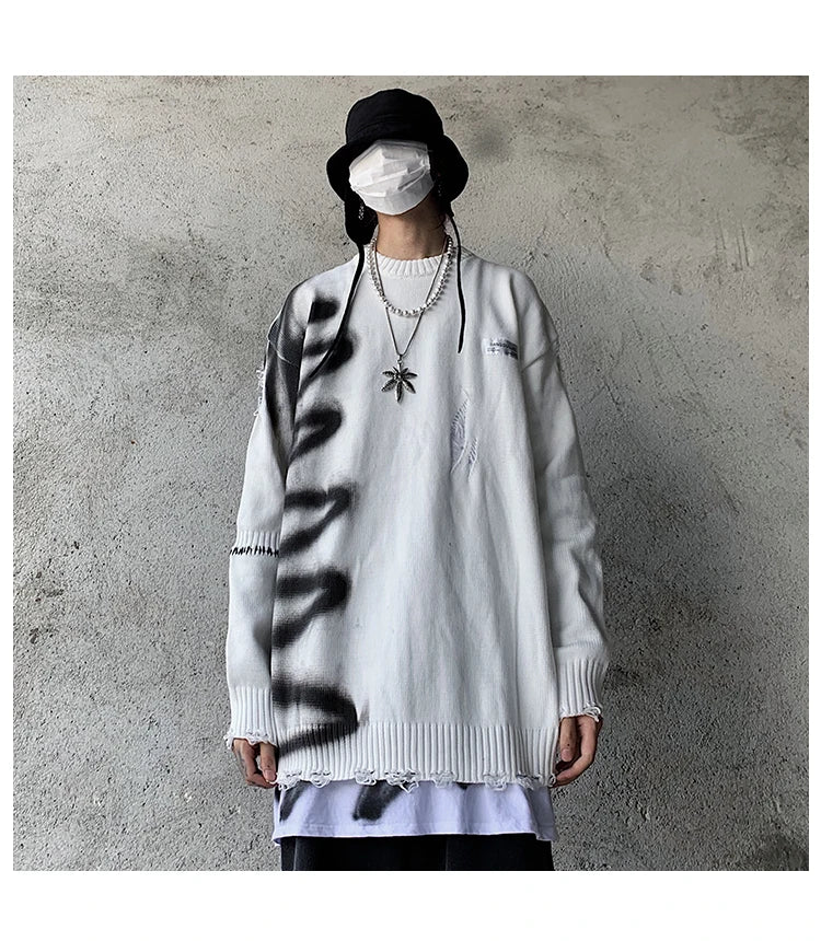 Mens Hip Hop Destroy Ripped Holes Streetwear Graffiti Harajuku Sweater Vintage Retro Knitted Sweater New Casual Cotton Pullover Street King Limited