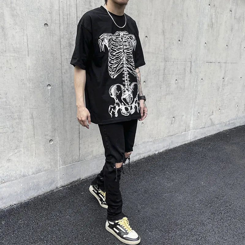 Summer Hip-hop Skull Printed Men Short-sleeved T-shirt Cotton Casual Unisex O-neck Loose Harajuku Short-sleeved Tops Tee T-shirt Street King Limited