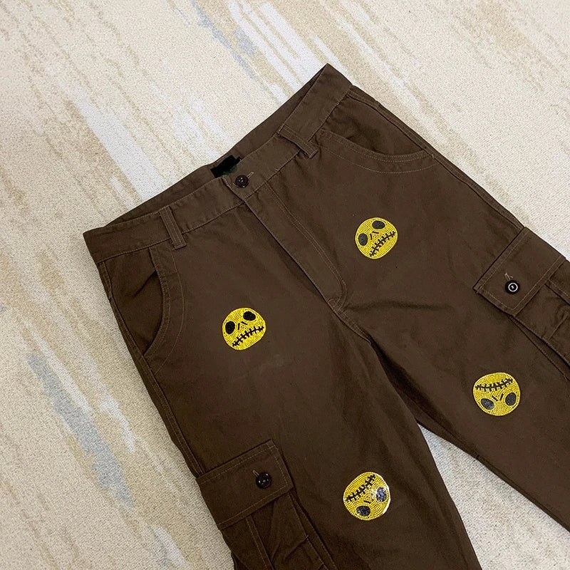 mens high street smilely loose cargo pants casual zipper straight jeans hip hop side pockets loose fit streetwear casual joggers unique joggers style 2487