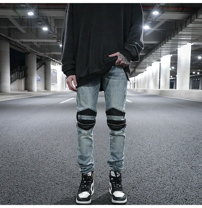knee zipper hole patckwork skinny denim jeans men casual slim biker trousers jeans fashion streetwear hip hop jean pants joggers unique joggers style 12