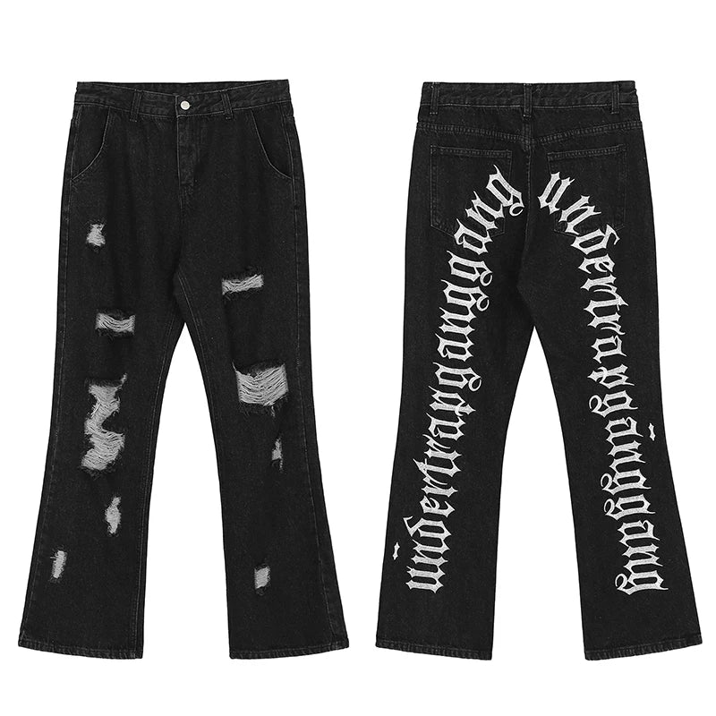 fashion back letters embroidery denim flare jeans mens zipper straight trouser hip hop destroy holes streetwear pants joggers unique joggers style 4599