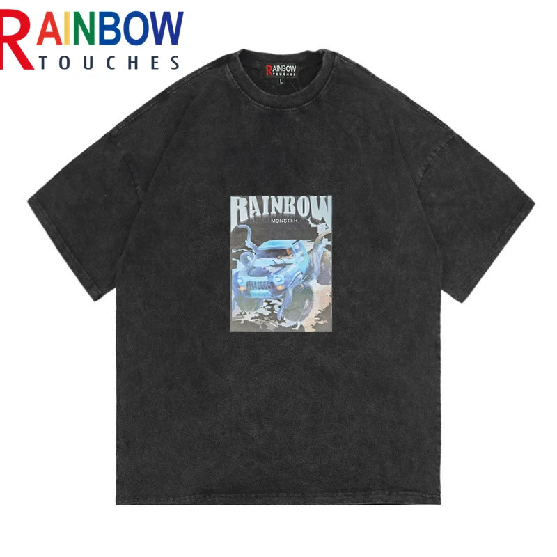 Rainbowtouches 2021 New Mens Short-Sleeve T-Shirt Unisex High Street Car Printing Loose Casual Punk Hip Hop BoyGraffiti Fashion Street King Limited