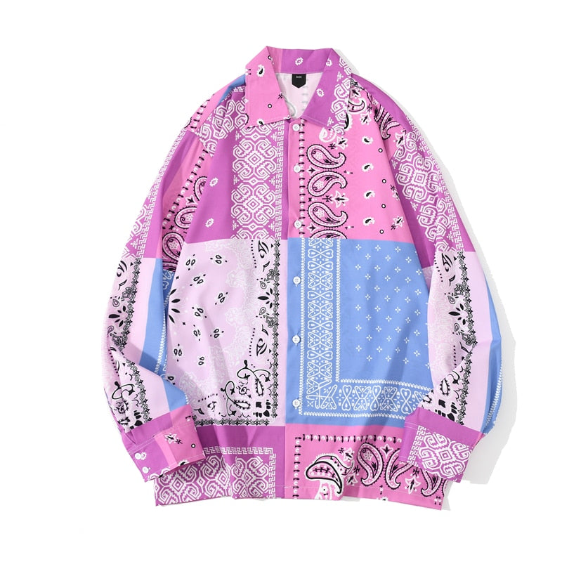 "Blue Pink Bandana" Unisex Men Women Streetwear Button Shirt Daulet Apparel