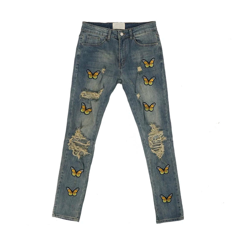 high street butterfly embroidery knee ripped hole jeans mens casual hip hop distressed jeans slim fit skinny denim pants joggers unique joggers style 884
