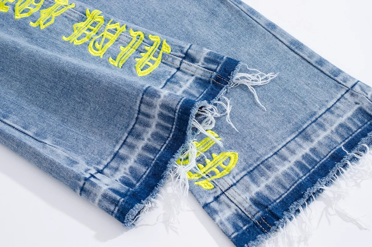 fashion letters embroidery denim flare jeans mens high street elastic waist straight trouser hip hop streetwear pants joggers unique joggers style 3766