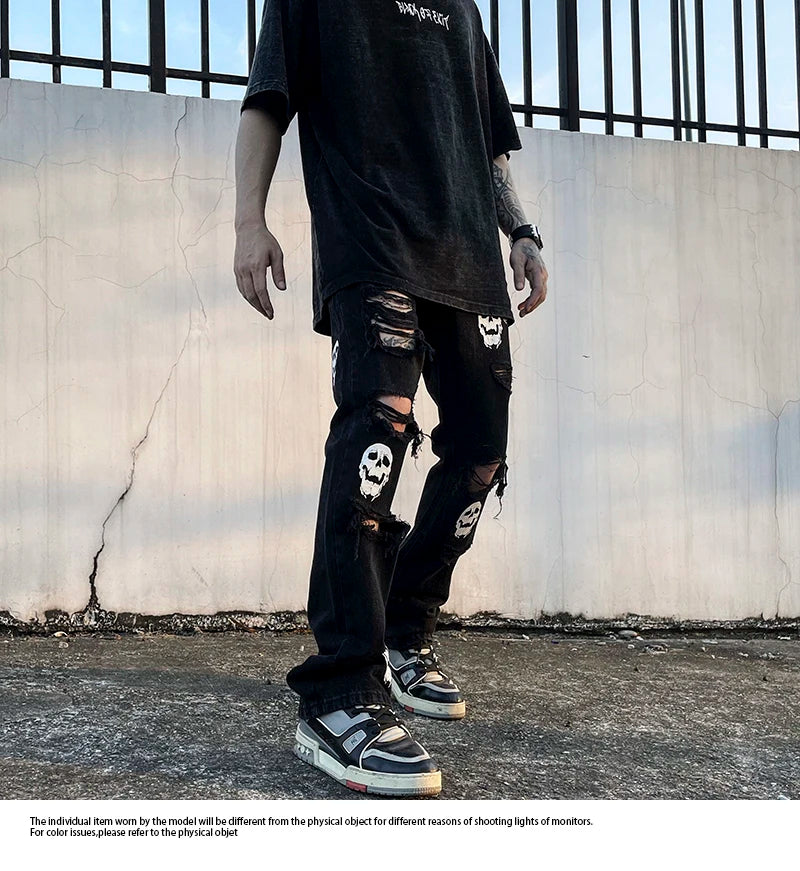 fashion skull printed denim jeans mens destoryed holes zipper flare jeans hip hop streetwear summer casual joggers jeans pants unique joggers style 2763