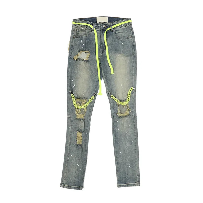 high street knee hole with chain ripped biker jeans mens slim fit denim pants autumn new streetwear casual hip hop pants joggers relaxed fit joggers
