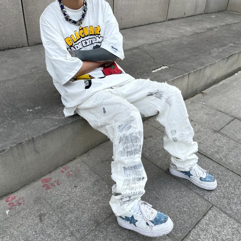 mens high street denim jean pants new casual loose ripped holes straight zipper white jeans trousers hip hop streetwear joggers relaxed fit joggers