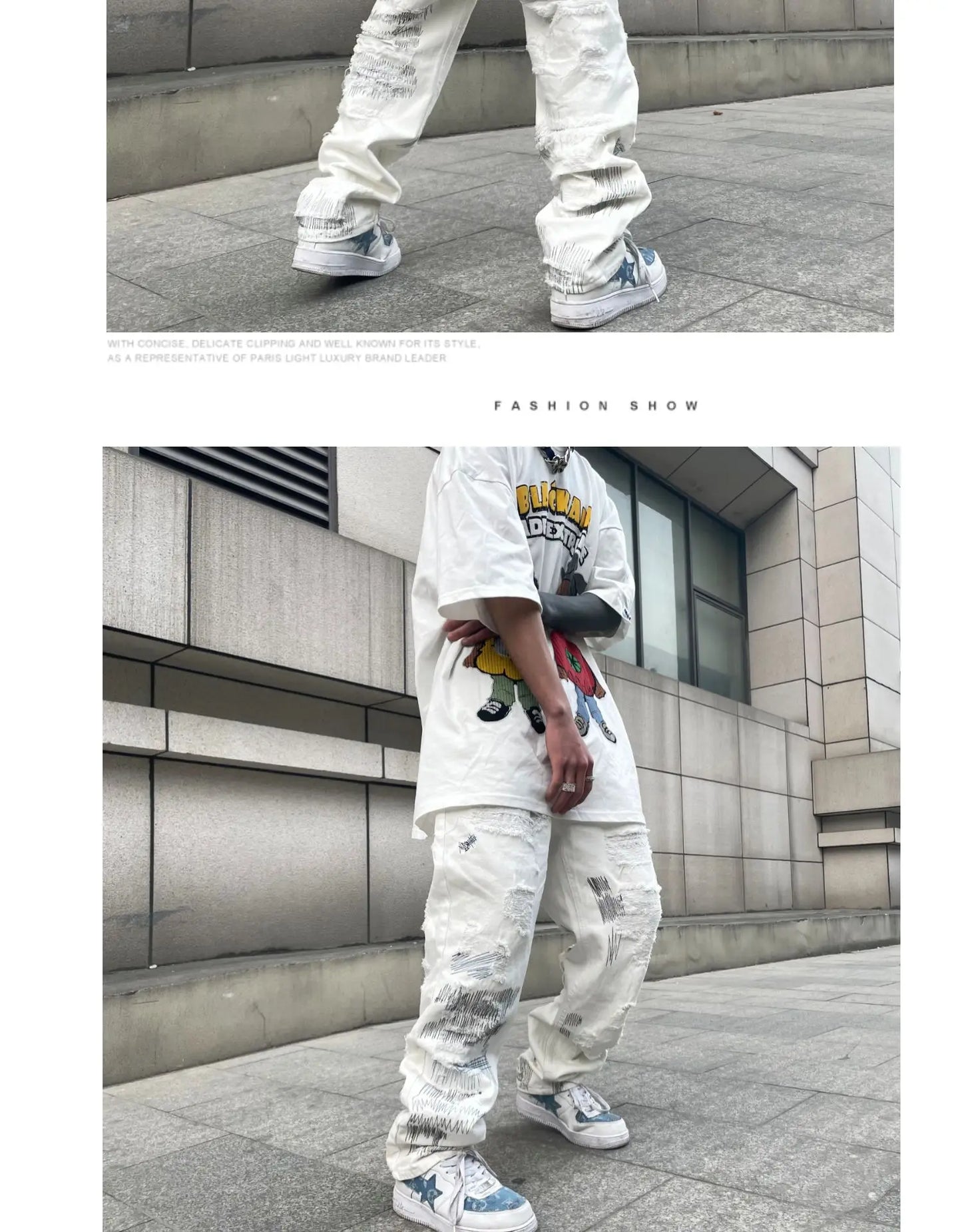 mens high street denim jean pants new casual loose ripped holes straight zipper white jeans trousers hip hop streetwear joggers unique joggers style 1598