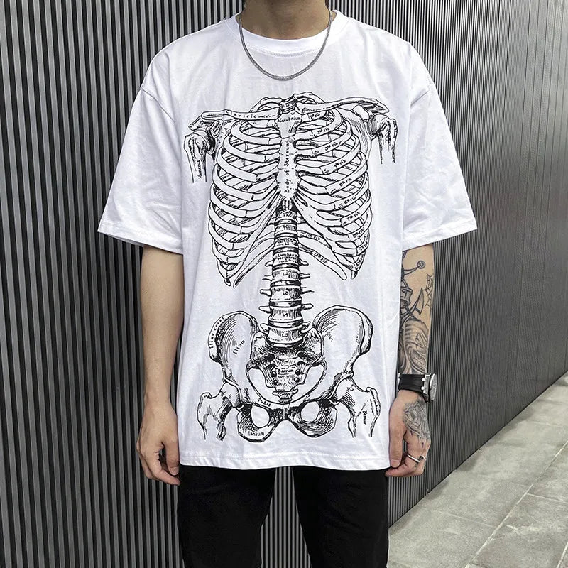 Summer Hip-hop Skull Printed Men Short-sleeved T-shirt Cotton Casual Unisex O-neck Loose Harajuku Short-sleeved Tops Tee T-shirt Street King Limited