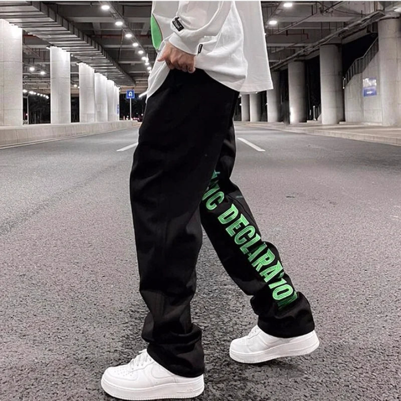 men jeans hip hop letters embroidery denim jeans high street casual loose straight elastic waist joggers hip hop streetwear pant streetwear sweatpants