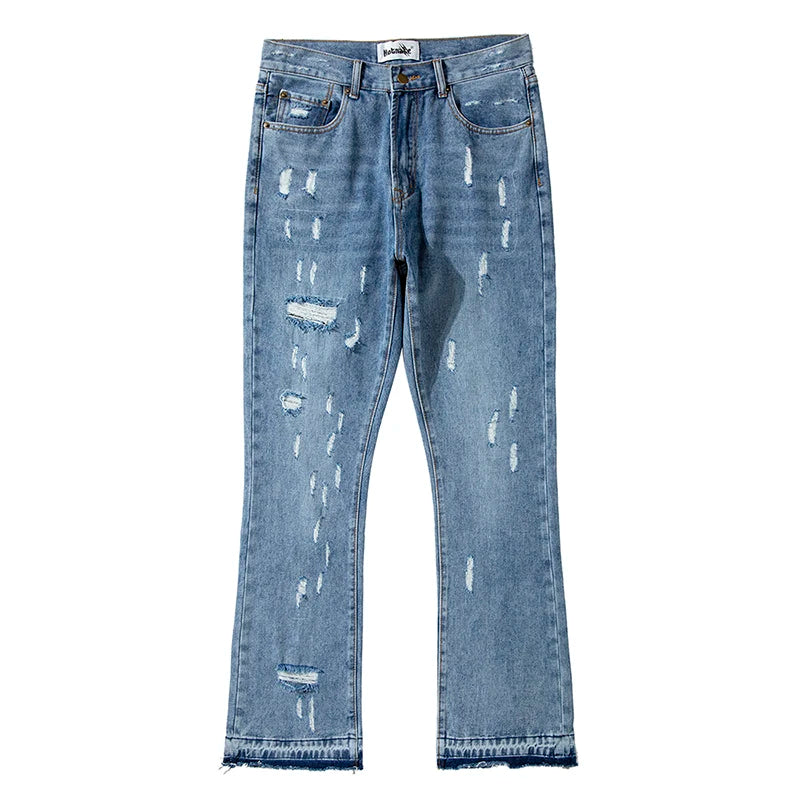 swag washed destroyed flare jeans streetwear hip hop slim fit ripped men black blue colorblocked flared denim pant for men unique jeans style 1499