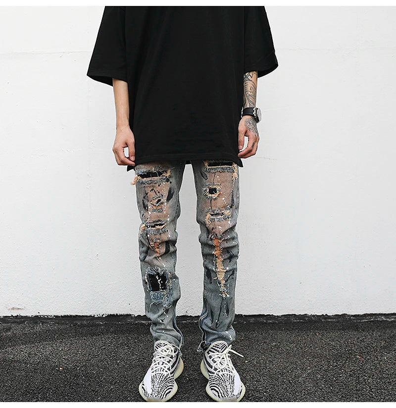 bottom zipper destroyed jeans skinny jeans ripped slim men biker jeans fashion graffiti printed streetwear hip hop pants joggers unique joggers style 5125