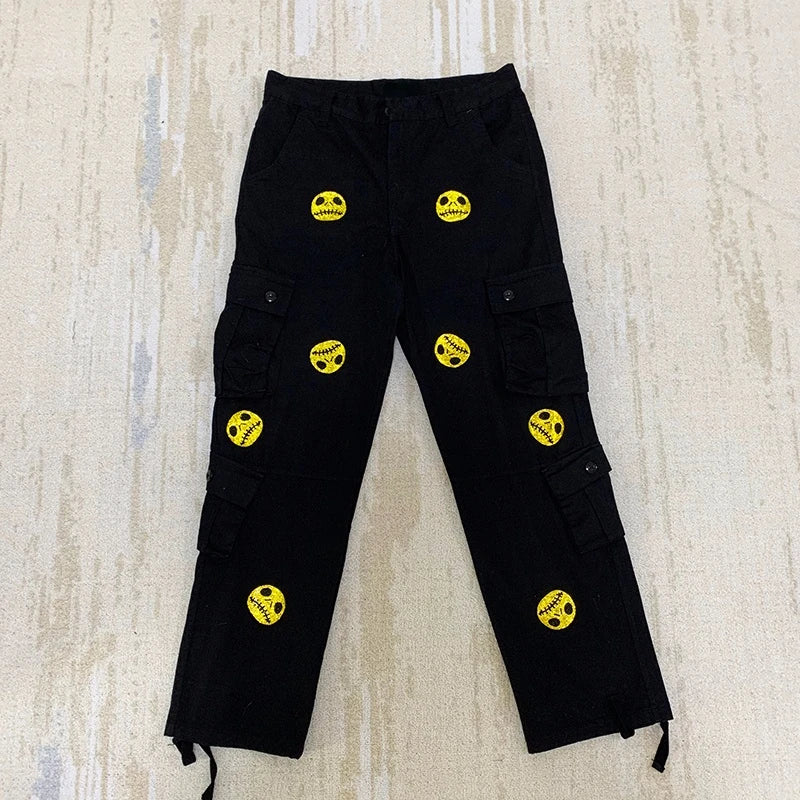 mens high street smilely loose cargo pants casual zipper straight jeans hip hop side pockets loose fit streetwear casual joggers unique joggers style 2480