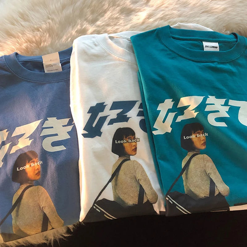 Hip Hop Streetwear Harajuku T Shirt Girl Japanese Kanji Print Tshirt 2021CC Summer Mens Short Sleeve Cotton Oversized T-Shirt Street King Limited