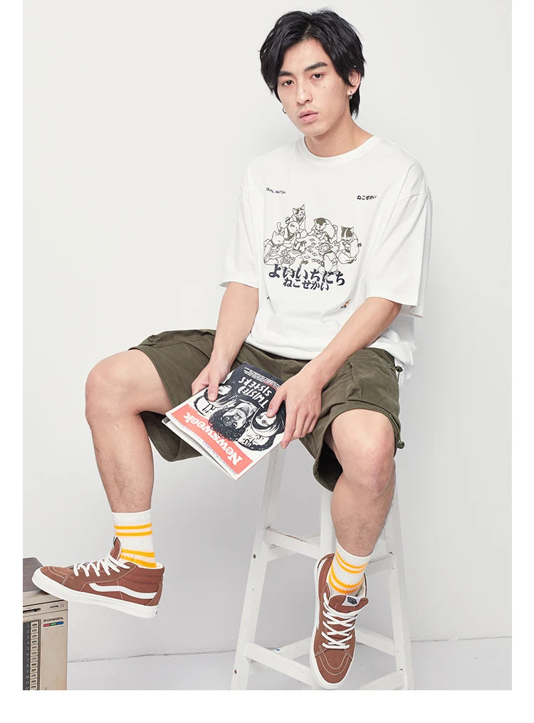 Hip Hop Men Streetwear T Shirt Japanese Kanji Animals Print T-Shirt 2023 Harajuku Cotton Casual Summer Short Sleeve Tshirt White Street King Limited