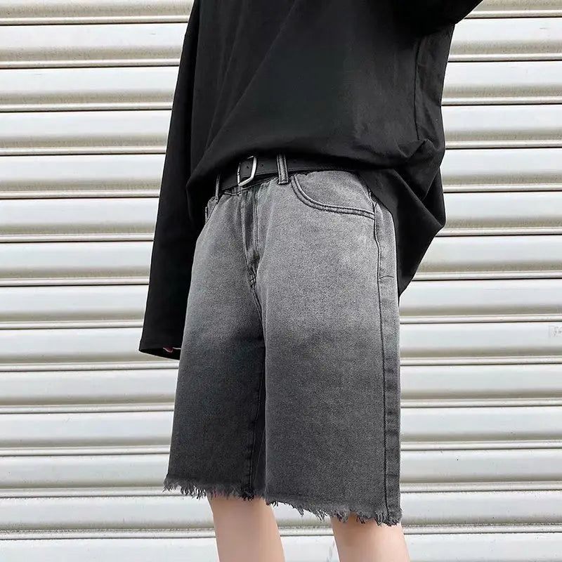 Summer Gradient Denim Shorts Men's Fashion Retro Denim Shorts Mens Streetwear Korean Loose Hip-hop Straight Denim Shorts Men Street King Limited