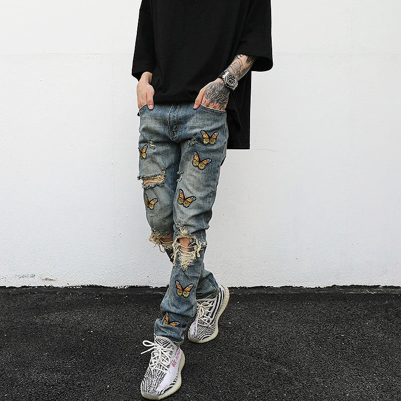 high street butterfly embroidery knee ripped hole jeans mens casual hip hop distressed jeans slim fit skinny denim pants joggers streetwear sweatpants