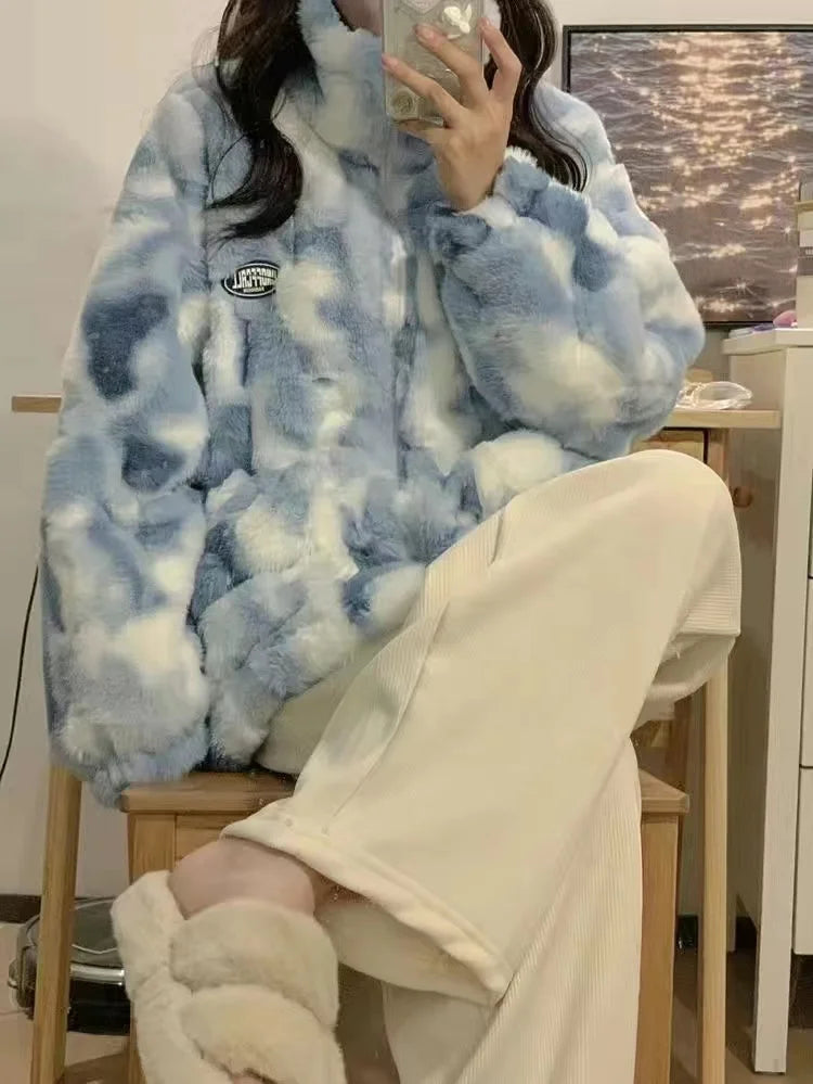 Tie-dyed lamb wool oversized sweater women's fried street high-end sense of warmth couples cotton coat loose lamb plush jacket Street King Limited