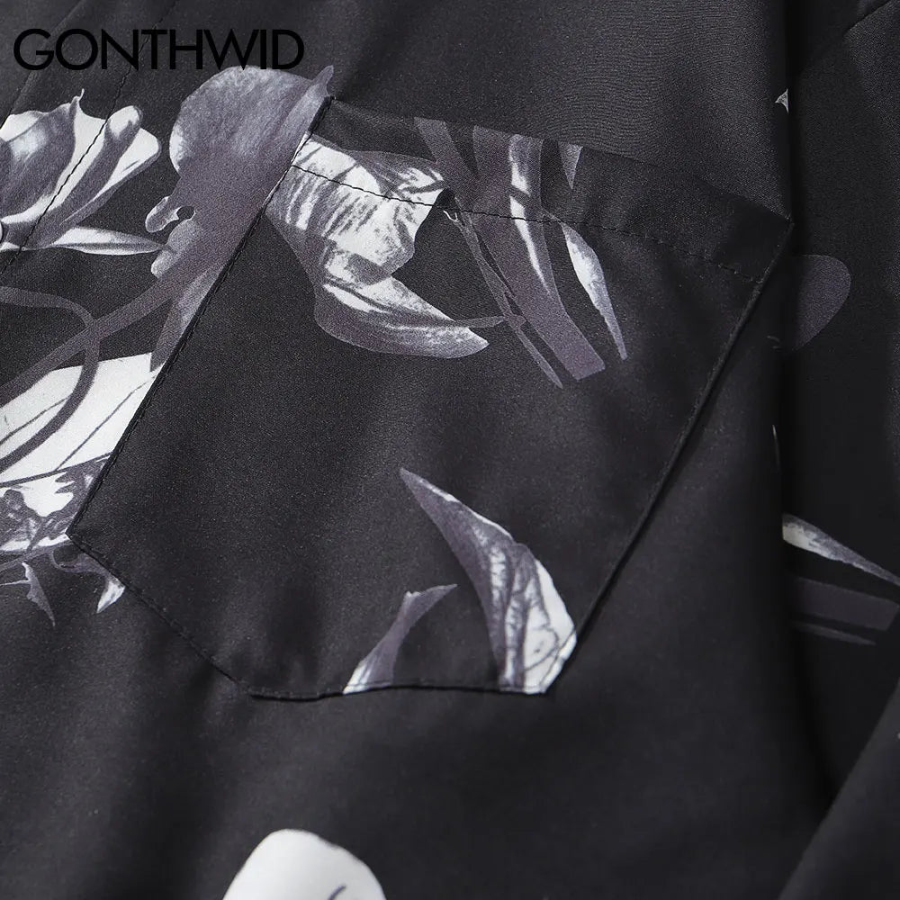 Streetwear Gonthwid Hawaiian Beach Shirts Graffiti Flowers Print Long Sleeve Butt Gonthwid Hawaiian Beach Shirts Graffiti Flowers Print Long Sleeve Button Shirts Hip Hop Casual Harajuku Holiday Party Blouse Fashion Sweater Jacket With Graphic Design For Men