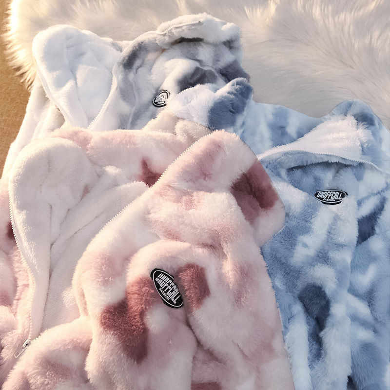 Tie-dyed lamb wool oversized sweater women's fried street high-end sense of warmth couples cotton coat loose lamb plush jacket Street King Limited