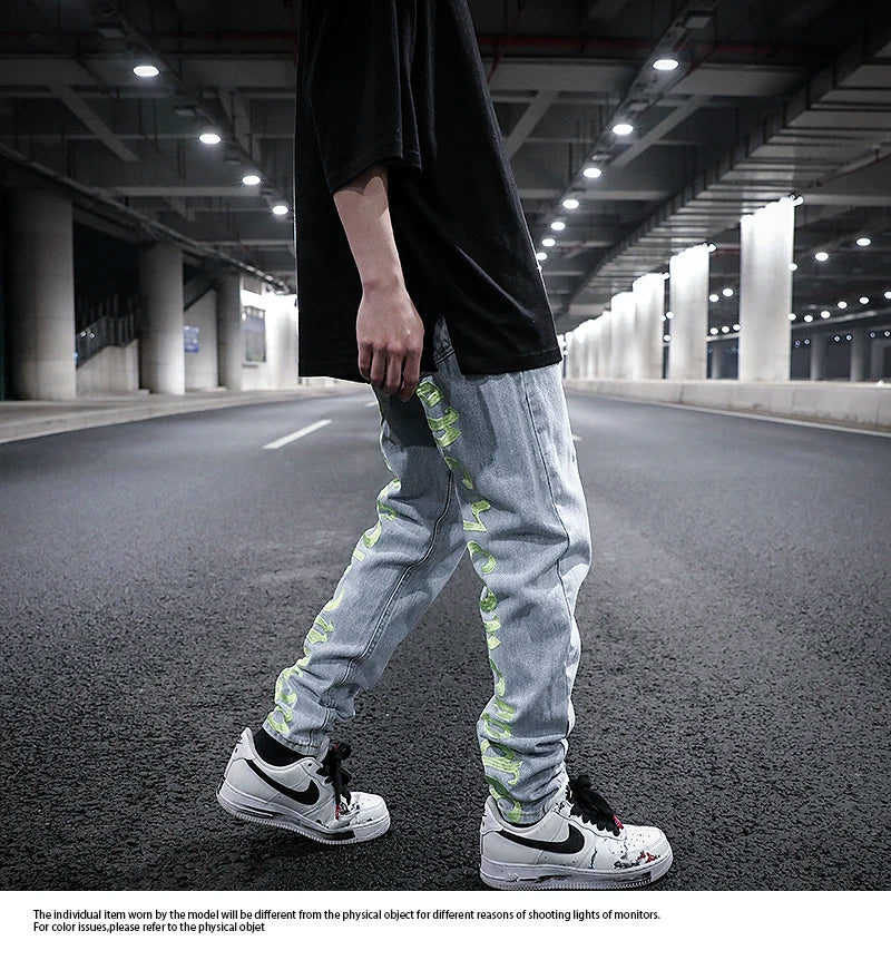 men back letter embroidery denim jean pants fashion slim zipper biker jeans trouser new casual hip hop streetwear pants joggers unique joggers style 294