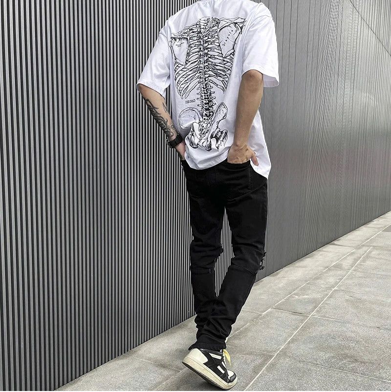 Summer Hip-hop Skull Printed Men Short-sleeved T-shirt Cotton Casual Unisex O-neck Loose Harajuku Short-sleeved Tops Tee T-shirt Street King Limited