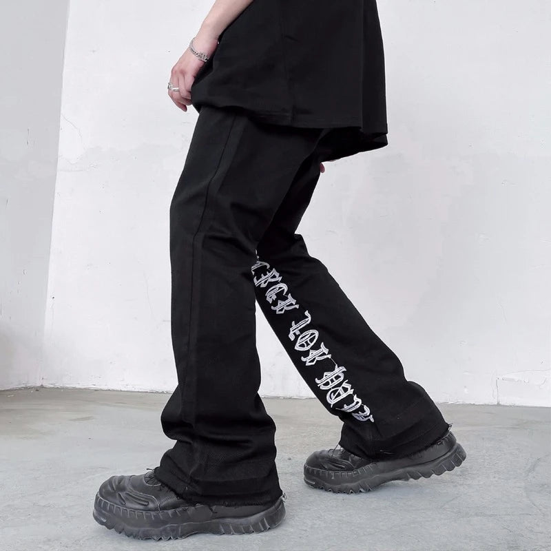 fashion letters embroidery denim flare jeans mens high street elastic waist straight trouser hip hop streetwear pants joggers casual joggers