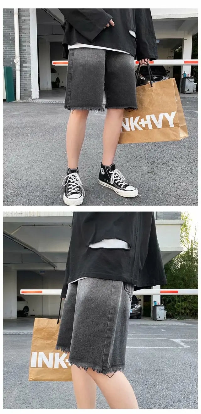 Summer Gradient Denim Shorts Men's Fashion Retro Denim Shorts Mens Streetwear Korean Loose Hip-hop Straight Denim Shorts Men Street King Limited