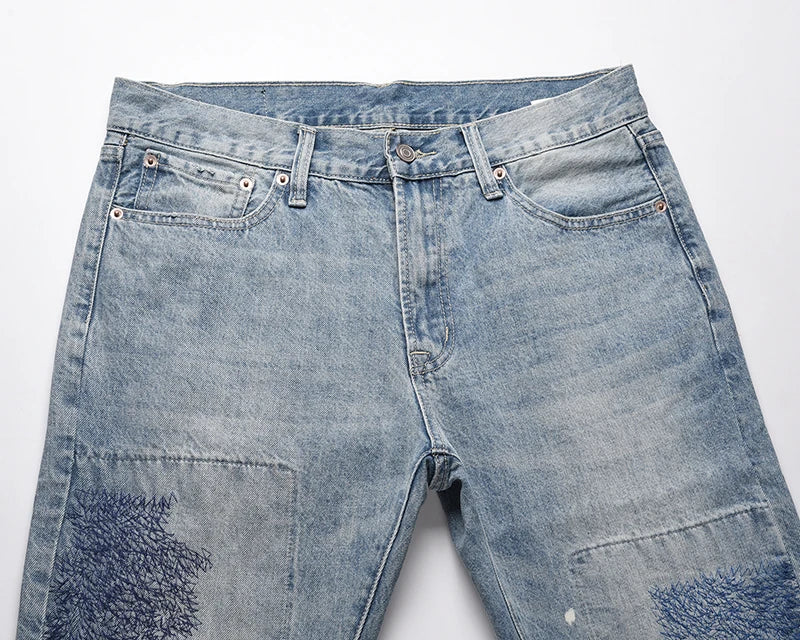 Heavy Industry Electric Embroidery Burning Washed Jeans Mens and Womens Patchwork Streetwear Harajuku Oversize Denim Trousers Street King Limited