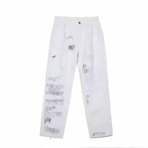 mens high street denim jean pants new casual loose ripped holes straight zipper white jeans trousers hip hop streetwear joggers unique joggers style 1593