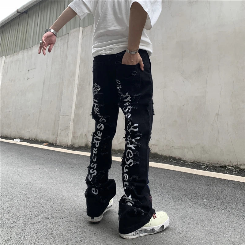 fashion back letters printed denim flare jeans mens zipper straight trouser hip hop destroy holes streetwear jean pants joggers unique joggers style 4652