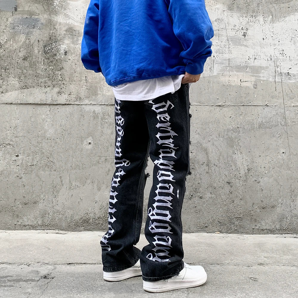 fashion back letters embroidery denim flare jeans mens zipper straight trouser hip hop destroy holes streetwear pants joggers unique joggers style 4607