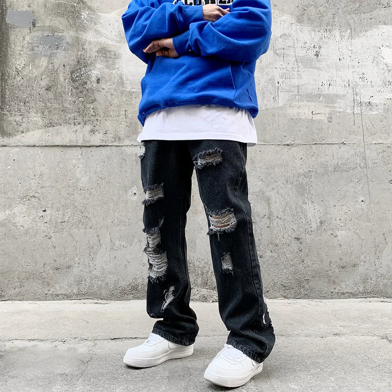 fashion back letters embroidery denim flare jeans mens zipper straight trouser hip hop destroy holes streetwear pants joggers urban active pants