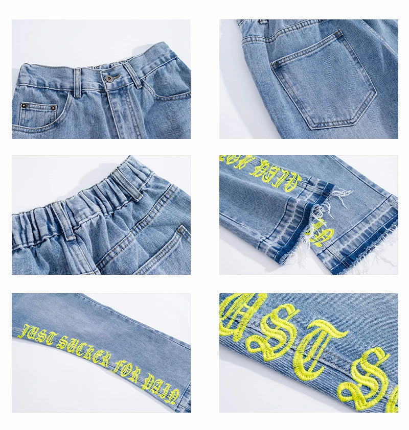 fashion letters embroidery denim flare jeans mens high street elastic waist straight trouser hip hop streetwear pants joggers unique joggers style 3784