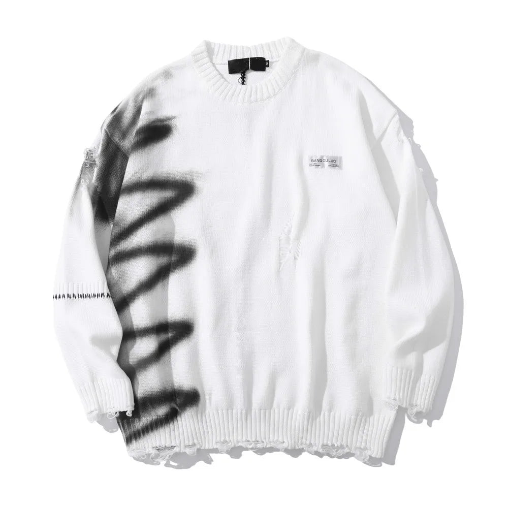 Mens Hip Hop Destroy Ripped Holes Streetwear Graffiti Harajuku Sweater Vintage Retro Knitted Sweater New Casual Cotton Pullover Street King Limited