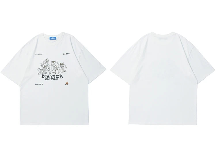 Hip Hop Men Streetwear T Shirt Japanese Kanji Animals Print T-Shirt 2023 Harajuku Cotton Casual Summer Short Sleeve Tshirt White Street King Limited