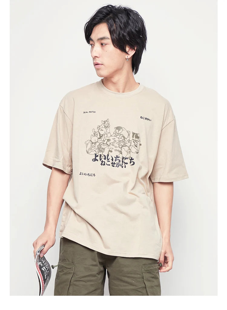 Hip Hop Men Streetwear T Shirt Japanese Kanji Animals Print T-Shirt 2023 Harajuku Cotton Casual Summer Short Sleeve Tshirt White Street King Limited