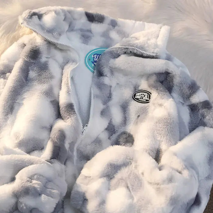 Tie-dyed lamb wool oversized sweater women's fried street high-end sense of warmth couples cotton coat loose lamb plush jacket Street King Limited