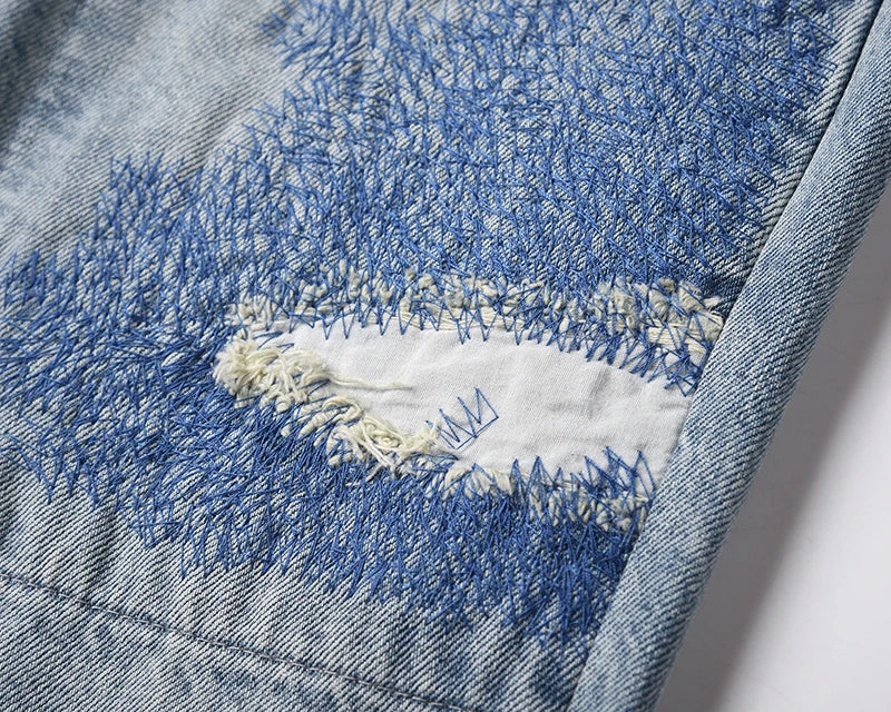 Heavy Industry Electric Embroidery Burning Washed Jeans Mens and Womens Patchwork Streetwear Harajuku Oversize Denim Trousers Street King Limited