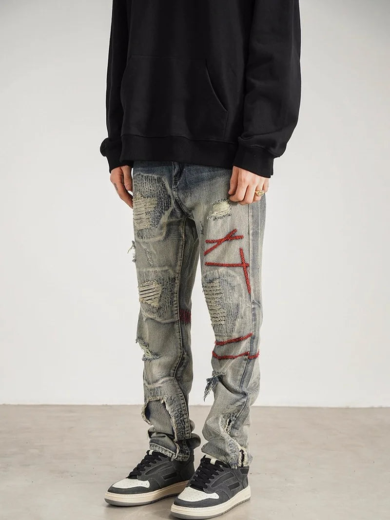 destroyed ripped straight jeans pants mens distressed biker jeans fashion irregular embroidery streetwear hip hop pants joggers streetwear sweatpants