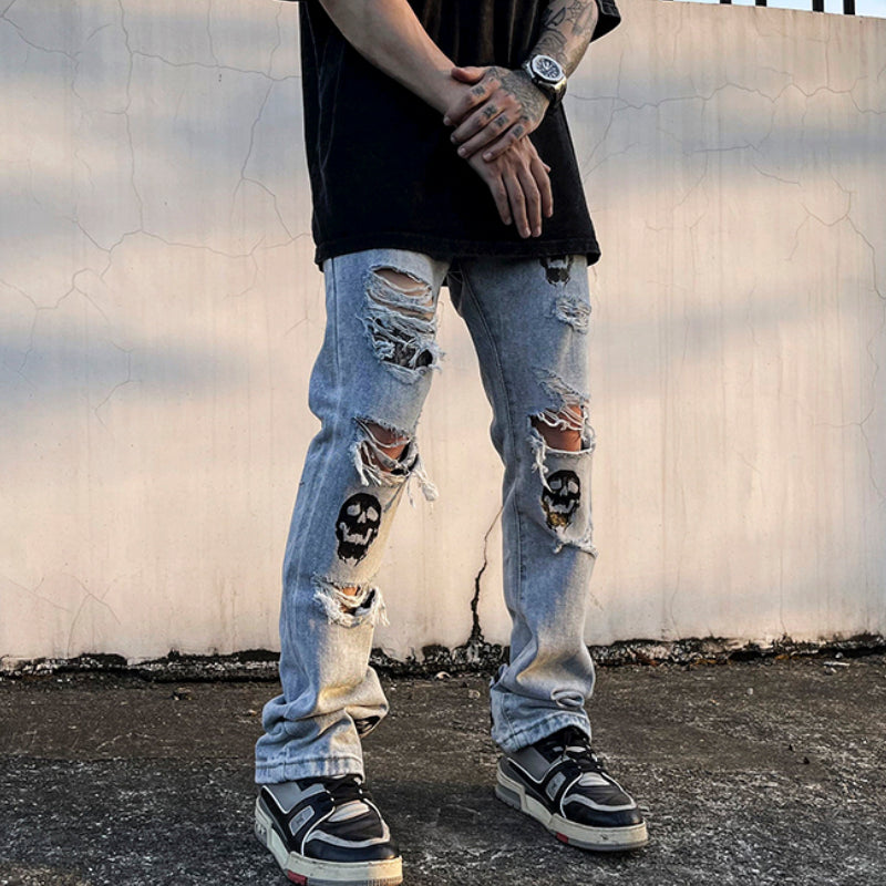 fashion skull printed denim jeans mens destoryed holes zipper flare jeans hip hop streetwear summer casual joggers jeans pants unique joggers style 2767