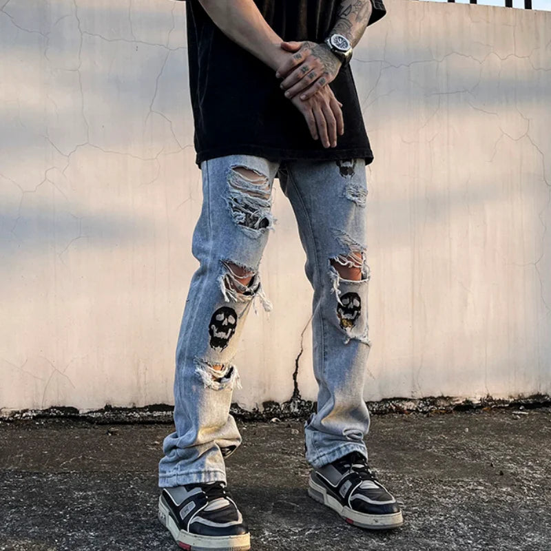 fashion skull printed denim jeans mens destoryed holes zipper flare jeans hip hop streetwear summer casual joggers jeans pants streetwear sweatpants