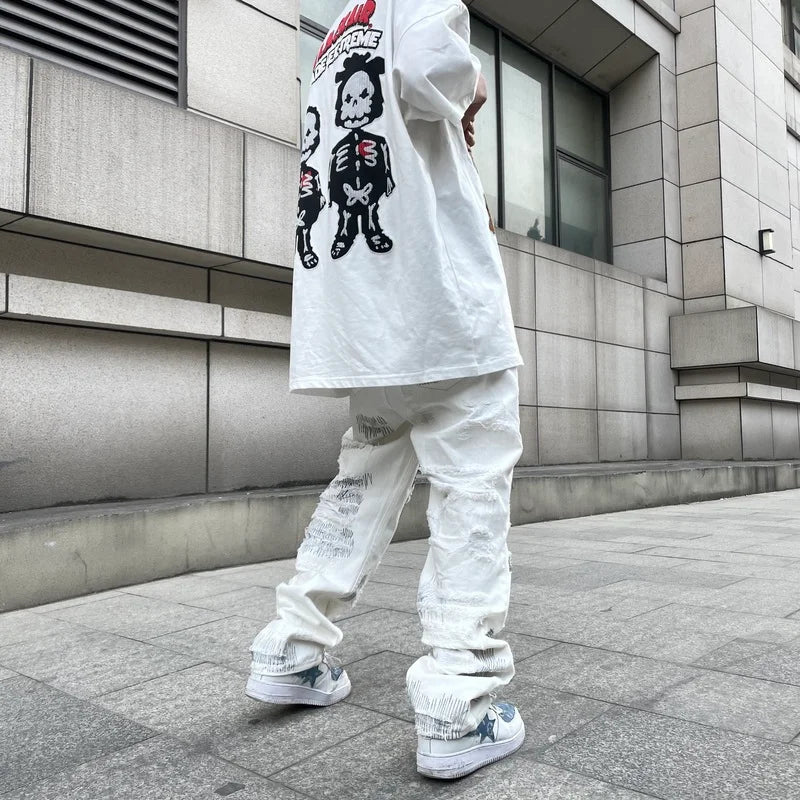 mens high street denim jean pants new casual loose ripped holes straight zipper white jeans trousers hip hop streetwear joggers casual joggers