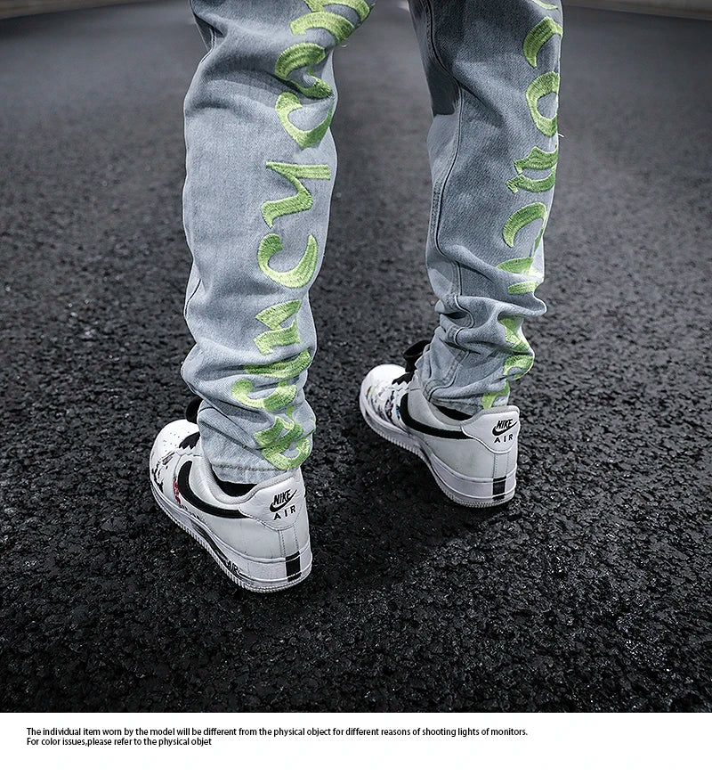 men back letter embroidery denim jean pants fashion slim zipper biker jeans trouser new casual hip hop streetwear pants joggers unique joggers style 292