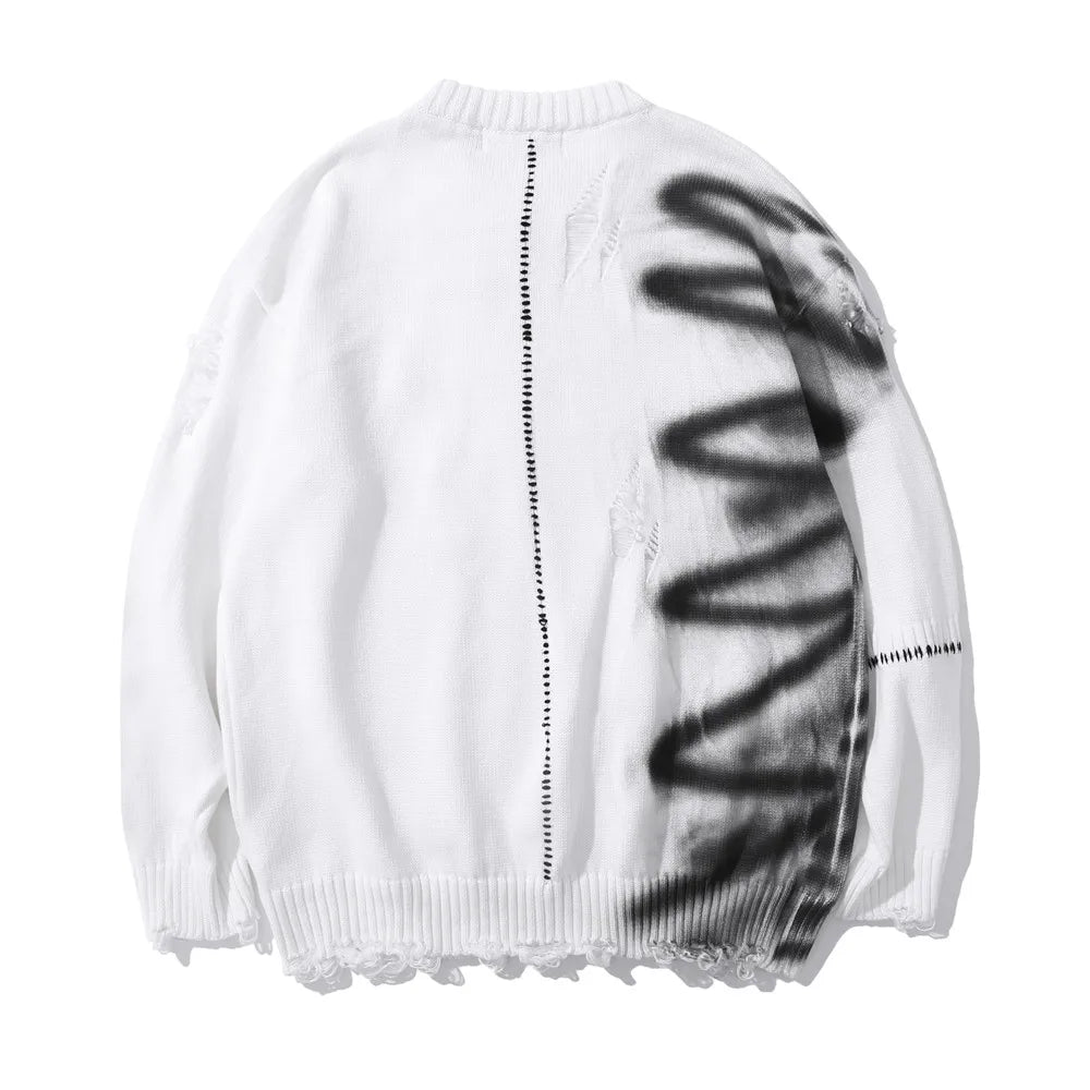 Mens Hip Hop Destroy Ripped Holes Streetwear Graffiti Harajuku Sweater Vintage Retro Knitted Sweater New Casual Cotton Pullover Street King Limited